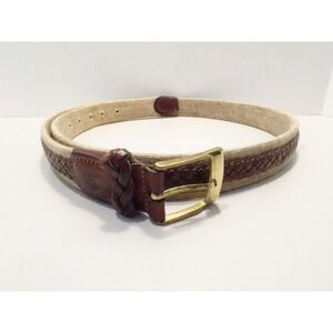 Cole Haan Mens Braided Leather and Linen Belt Tan Brown Brass Buckle